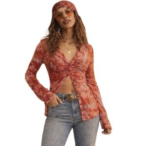Free People Lucky Shirtee Floral Shirt Red Sheer Mesh Retro Y2K 70s Sz.XL